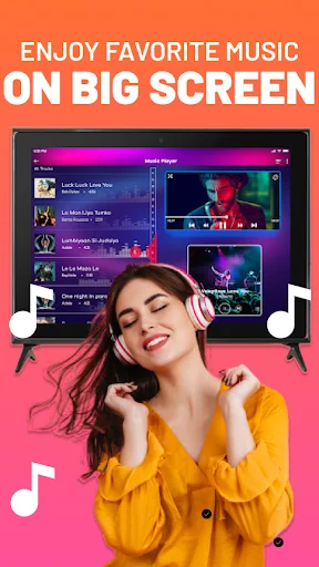 Music streaming app casting playlist and music videos to big screen TV from smartphone with audio controls