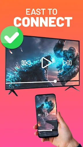 Movie playback screen mirroring app showing video content synced on both TV and smartphone with play controls