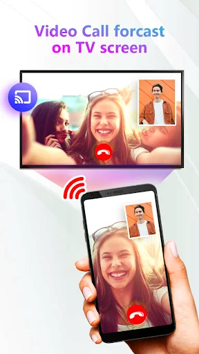 Video call mirrored to TV: screen mirroring app displays video conference on large television and mobile device with wifi