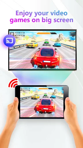 Video game mirrored to TV: screen mirroring app displays racing game on large television and mobile device with wifi