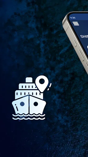 Ship Tracker app splash screen displaying white ship icon with location pin on dark ocean background