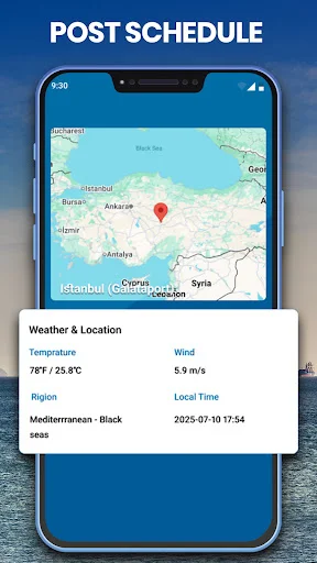 Port Schedule feature showing map with location marker and weather details including temperature and wind speed