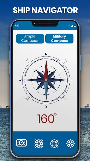Ship Navigator compass display with Simple and Military Compass mode selection and cardinal direction indicators