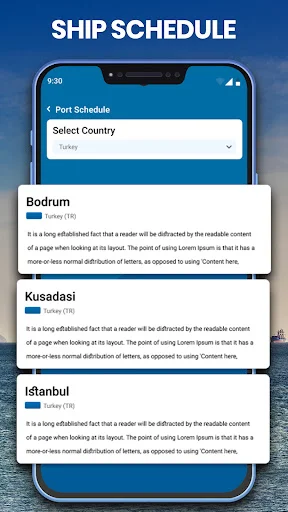 Ship Schedule dropdown menu for port selection showing Turkey ports including Bodrum, Kusadasi, and Istanbul