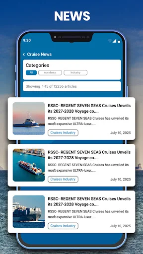 News section displaying cruise industry articles with category filters showing recent RSSC cruise voyage announcements
