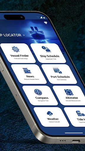 Ship Tracker menu showing eight feature tiles: Vessel Finder, Ship Schedule, News, Port Schedule, Compass, Altimeter, Weather, and Tide Info
