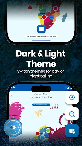 Dark and Light Theme feature toggle for Ship Tracker with marine map showing colorful live vessel markers