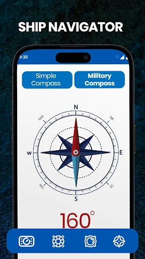 Ship Navigator compass tool displaying 160-degree heading with Simple Compass and Military Compass mode buttons