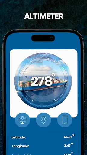 Altimeter feature showing 278 meters altitude reading with GPS latitude, longitude coordinates and ship preview image