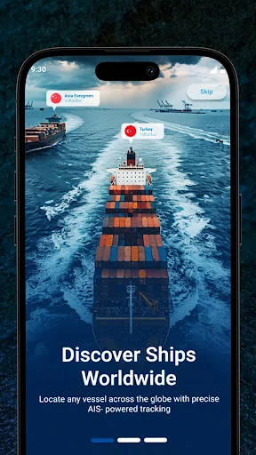 Discover Ships Worldwide screen featuring cargo ship with red location markers for AIS-powered vessel tracking