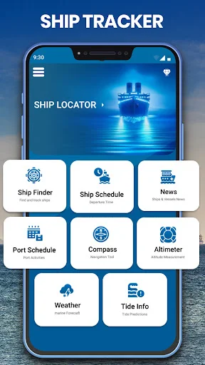 Ship Tracker main menu home screen with all eight feature tiles on blue ocean background interface