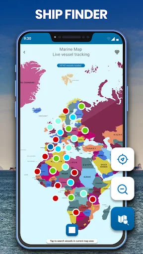 Ship Finder marine map displaying live vessel tracking with colorful AIS markers across European coastlines