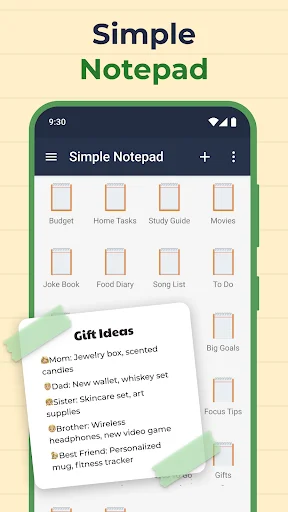 Simple Notepad home screen showing grid of note categories with expandable content like To Do, Food Diary, and Study Guide
