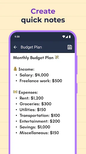 Create quick Budget Plan note showing income and expenses with categorized amounts for financial planning and tracking