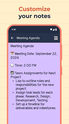 Customize notes with Meeting Agenda displayed in purple theme showing date, time, and team task assignments with details