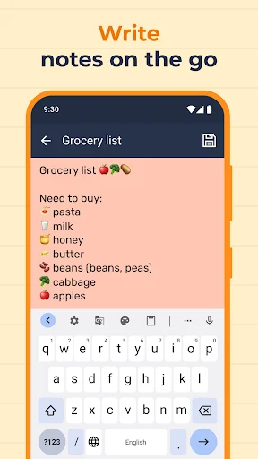 Write notes on the go with Grocery List note featuring emoji, pink theme, and mobile keyboard for quick text editing