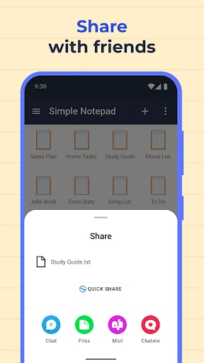 Share notes with friends feature showing Study Guide note with quick share options for Chat, Files, Mail, and messaging