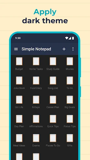 Apply dark theme to Simple Notepad showing grid of note cards with dark background and light-colored note preview cards