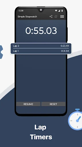 Lap timer screen displaying 0:55.03 with two recorded laps and RESUME RESET controls for fitness activity tracking