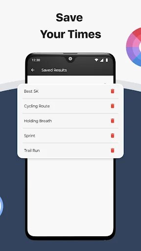Saved Results screen showing stored stopwatch times for activities including Best 5K, Cycling Route, Sprint, and Trail Run
