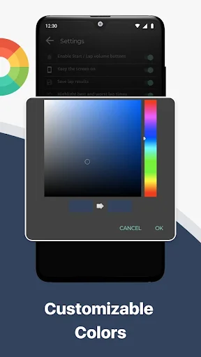 Color picker dialog for customizing Simple Stopwatch app interface colors with gradient palette and OK CANCEL buttons