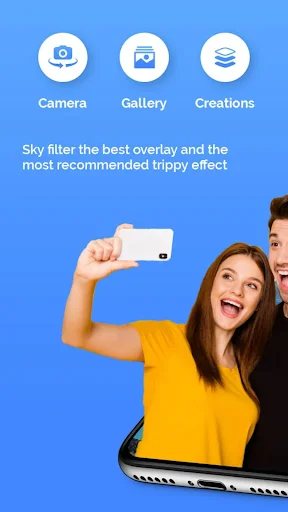 Main menu with Camera, Gallery, and Creations options for sky filter photo editing