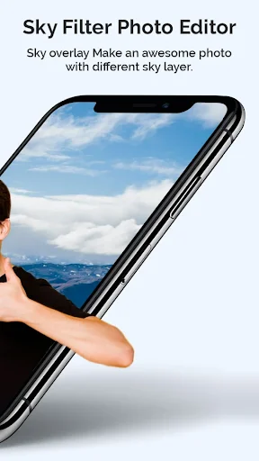 Sky Filter Photo Editor showing landscape photo with scenic cloud sky overlay on smartphone
