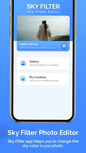 Sky Filter app interface displaying Open Camera, Gallery, and My Creations menu options