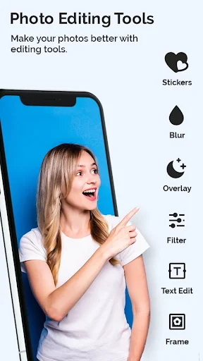 Photo Editing Tools menu with Stickers, Blur, Overlay, Filter, Text Edit, and Frame icons