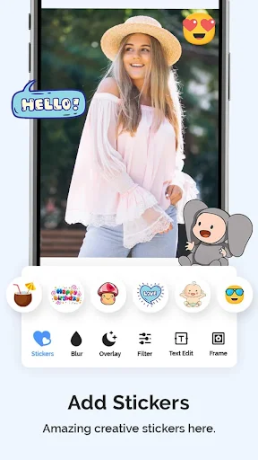 Add Stickers feature showing photo with emoji reactions and cute character stickers applied