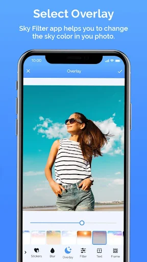 Select Overlay screen displaying beach photo with turquoise sky color overlay adjustment