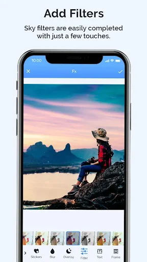 Add Filters interface with sunset landscape photo and multiple filter preset options