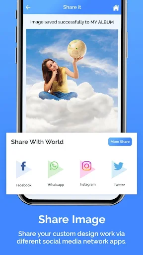 Share Image screen with cloud background sky effect and social media sharing platform buttons