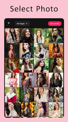 Photo gallery display with portrait image grid, filter options, and Done button for selecting slideshow photos