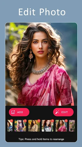 Photo editing interface with portrait preview, Add and Edit buttons, thumbnail carousel, and editing tool options below
