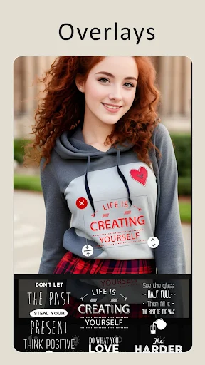 Overlays editing screen with inspirational text effect options and customizable text overlay designs for photos and videos