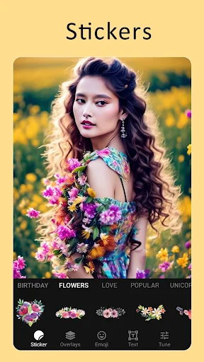 Stickers selection screen with decorative options by category including flowers, love, birthday, and popular design choices