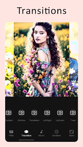 Transitions screen showing slideshow effect options including fade, window, lapse, and themed transition styles for videos