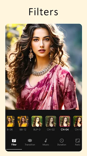 Filters screen with various photo effect presets for color correction and visual enhancement in photo slideshow creation