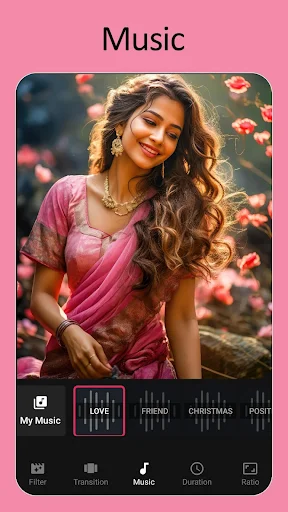 Music selection interface with audio categories and library for adding background soundtrack to photo slideshow videos