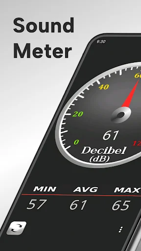 DBA Sound Meter interface displaying analog gauge at 61 decibels with MIN, AVG, MAX sound level readings