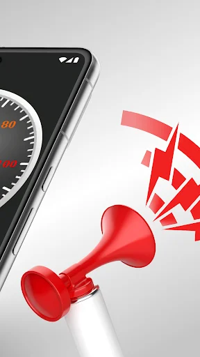 Sound Meter app with air horn visual showing how the tool measures decibel levels in real-time