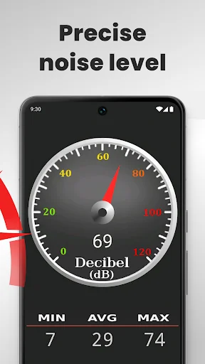 DBA Sound Meter displaying precise noise level measurement at 69 dB with minimum, average, maximum data