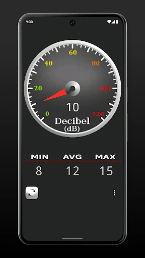Full-screen sound meter gauge showing 10 dB with real-time decibel measurements and history tracking