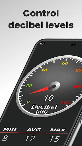 DBA Sound Meter app control panel for monitoring decibel levels with gauge display and measurement data