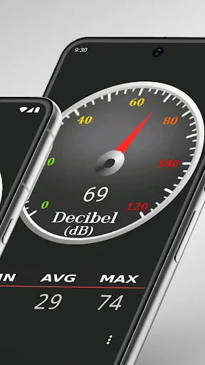 Sound level meter gauge displaying 69 dB with detailed MIN, AVG, MAX noise measurement tracking data
