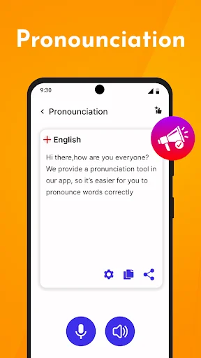 English pronunciation tutorial showing how to pronounce words correctly with audio microphone and speaker buttons