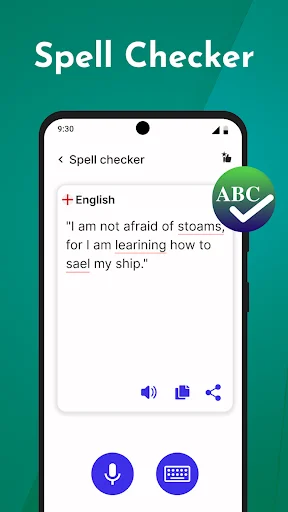 English spell checker displaying text with spelling verification and audio playback plus keyboard input options