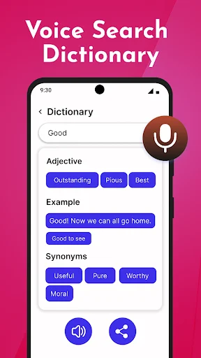 English dictionary with voice search showing word definitions, parts of speech, example sentences and synonyms