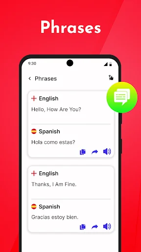 English Spanish phrase translator app showing bilingual phrase examples with audio pronunciation buttons for both languages